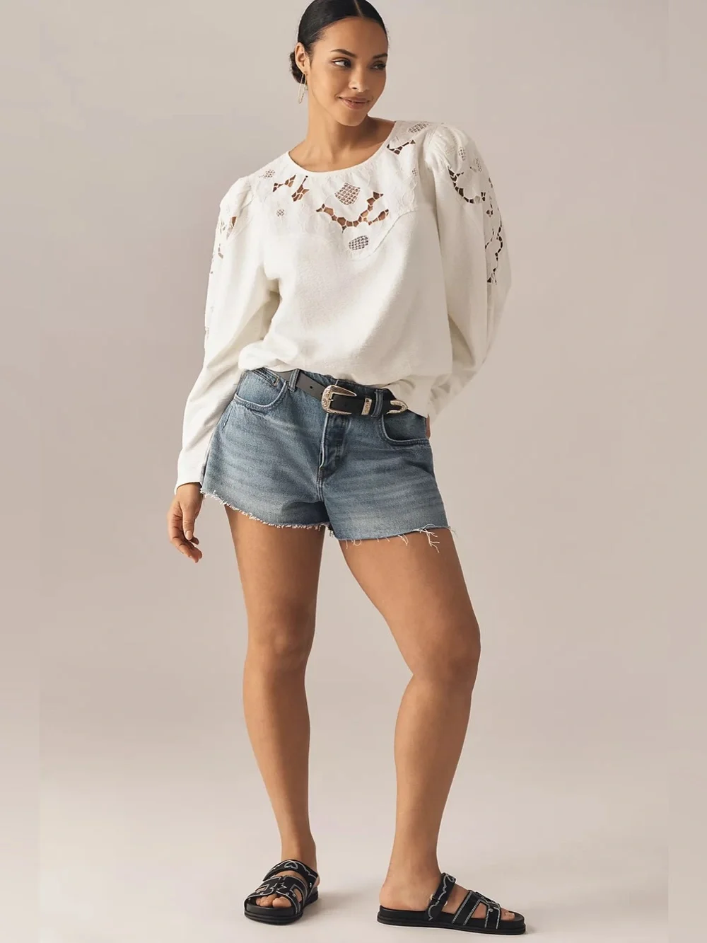 By Anthropologie Lace Cutwork Mutton-Sleeve Top Size 3XL